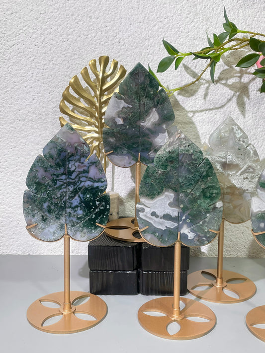 Moss agate leaf with stand