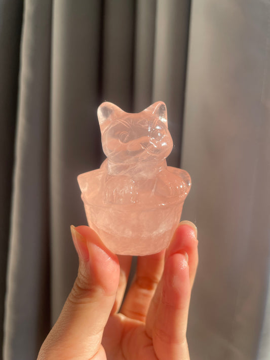 Rose quartz cat with basket