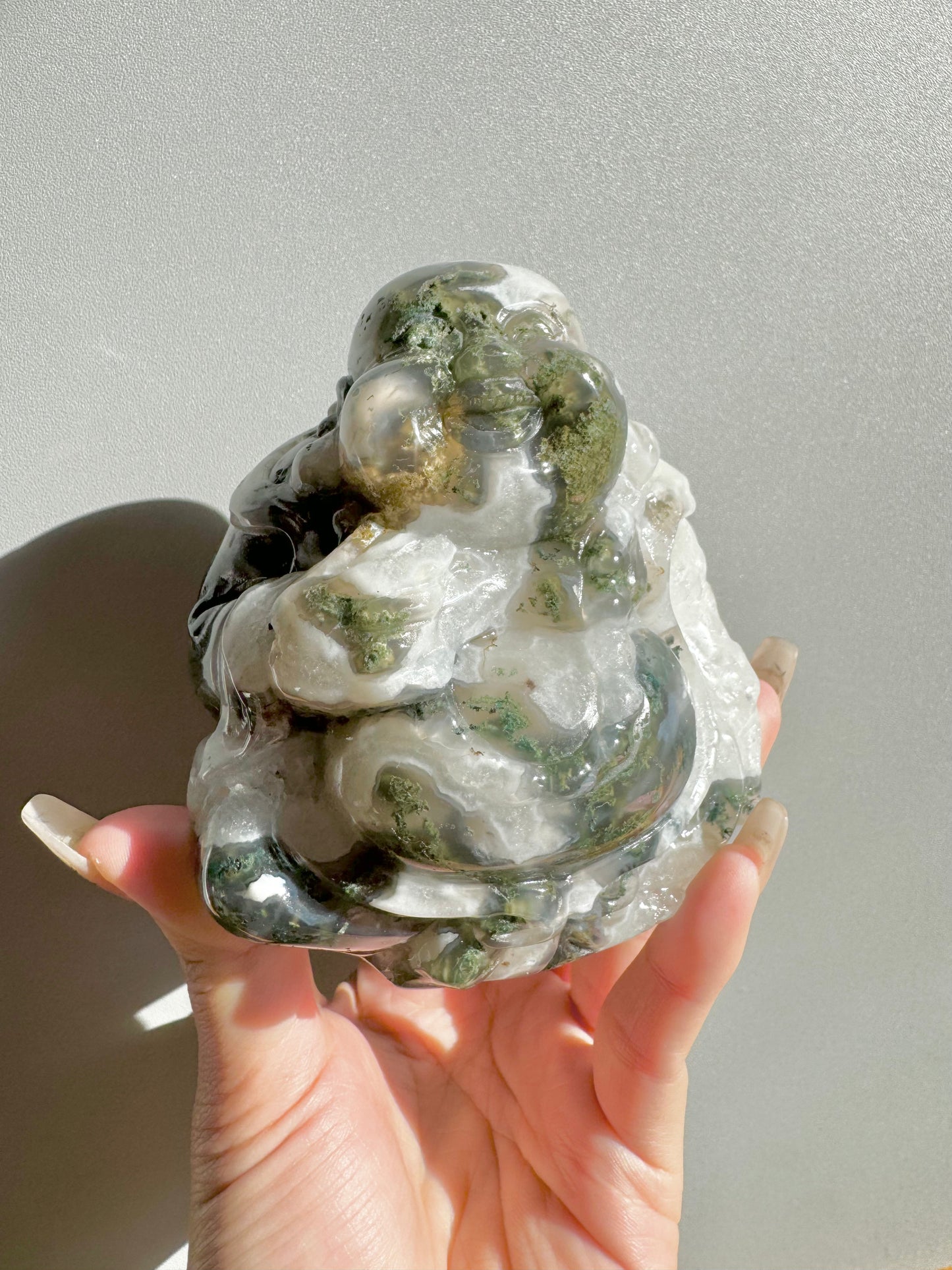 Moss agate Laughing Buddha