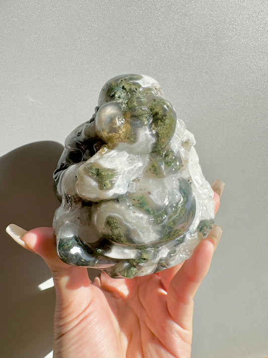 Moss agate Laughing Buddha