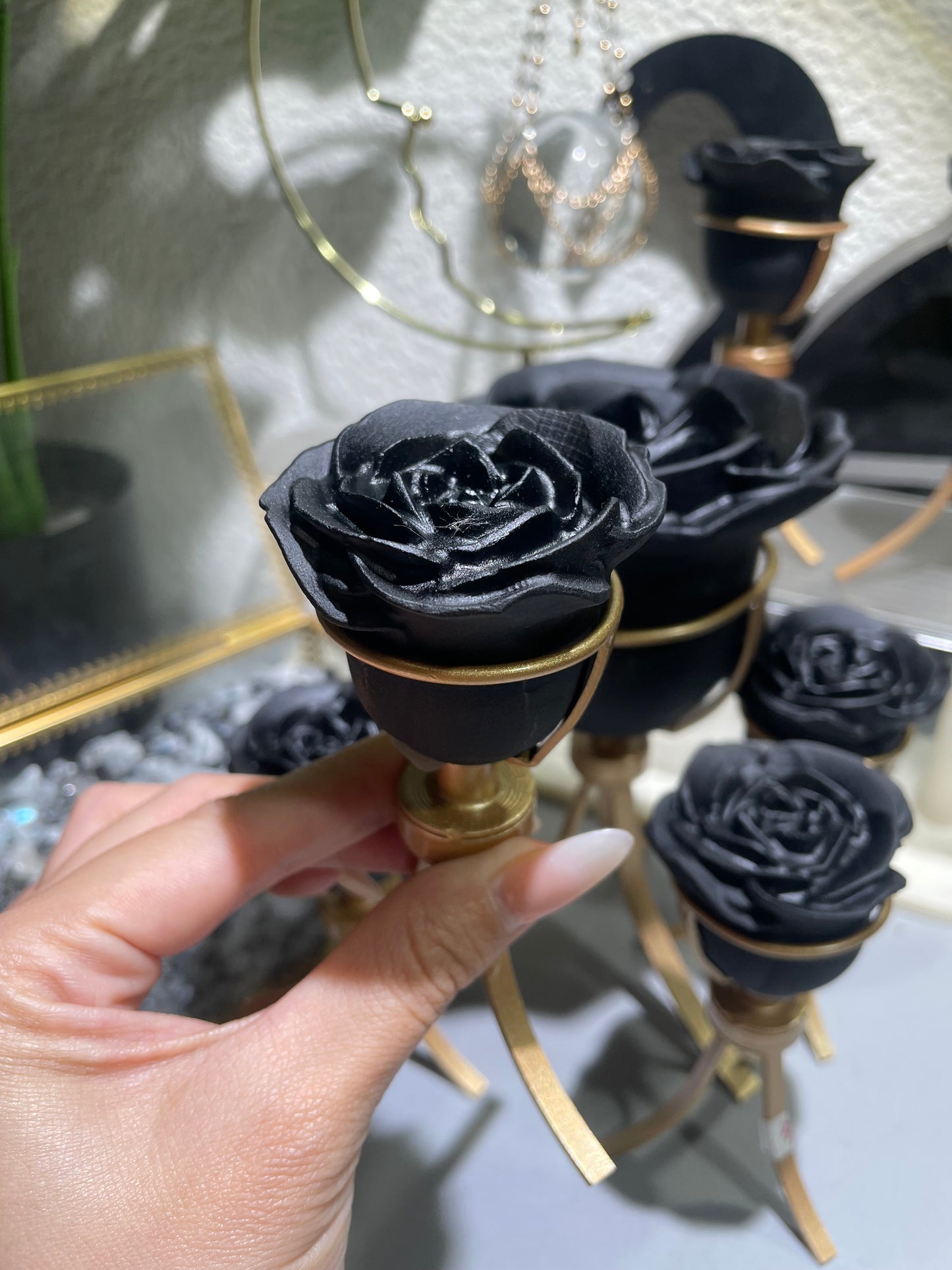 Obsidian rose with stand