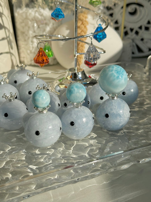 Blue calcite whale sphere holder