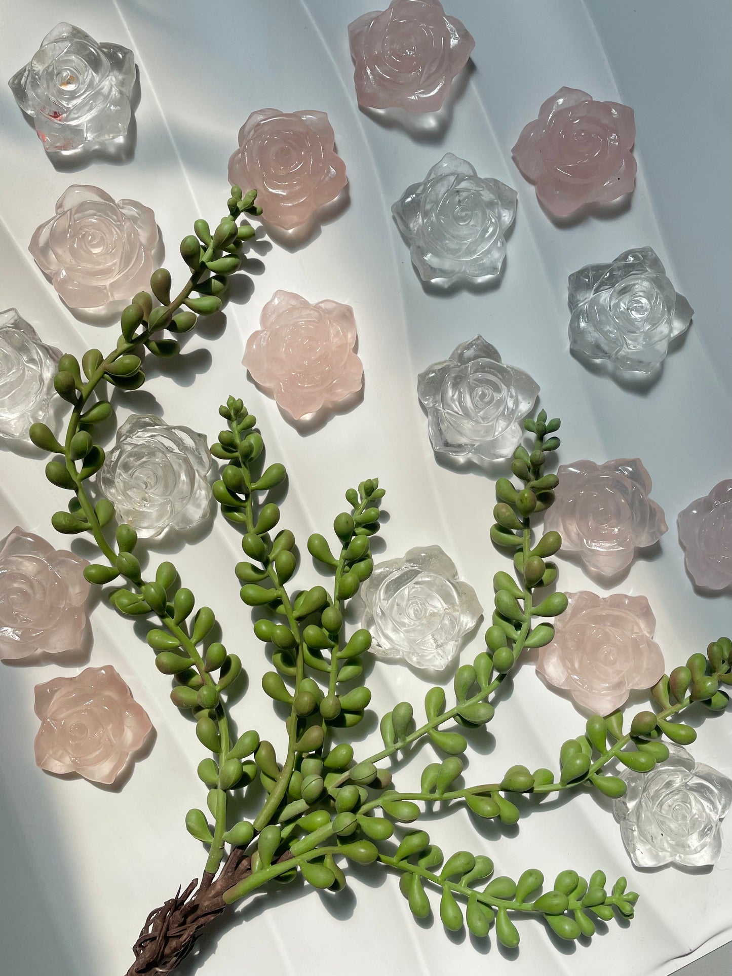 clear quartz and rose quartz roses