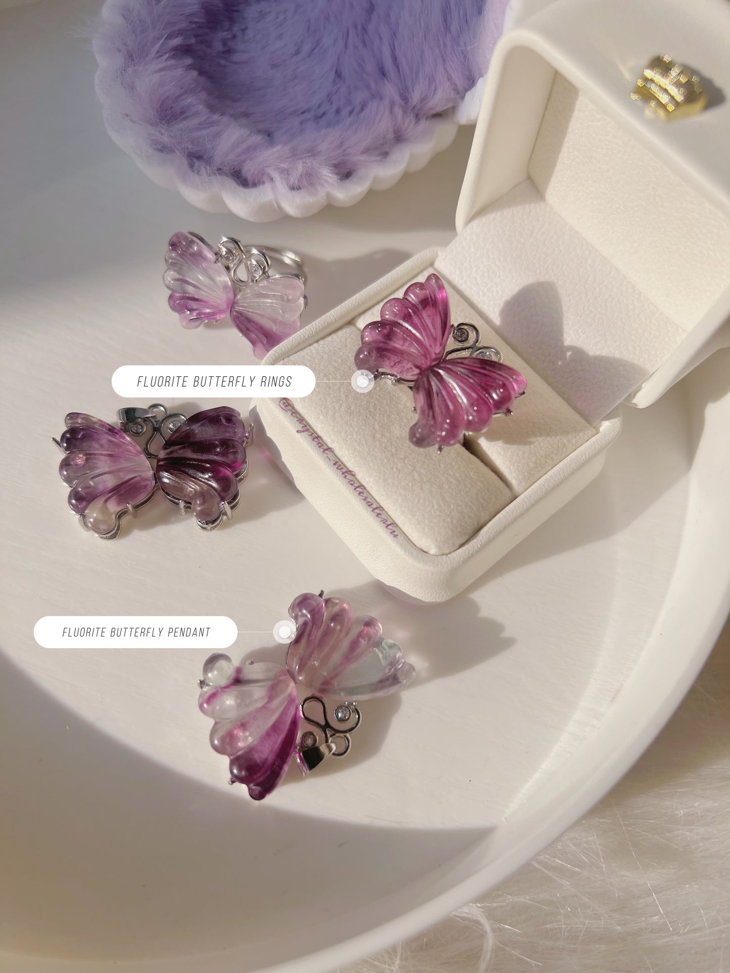 fluorite butterfly rings and pendant