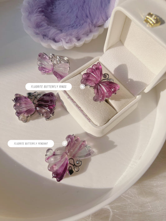 fluorite butterfly rings and pendant