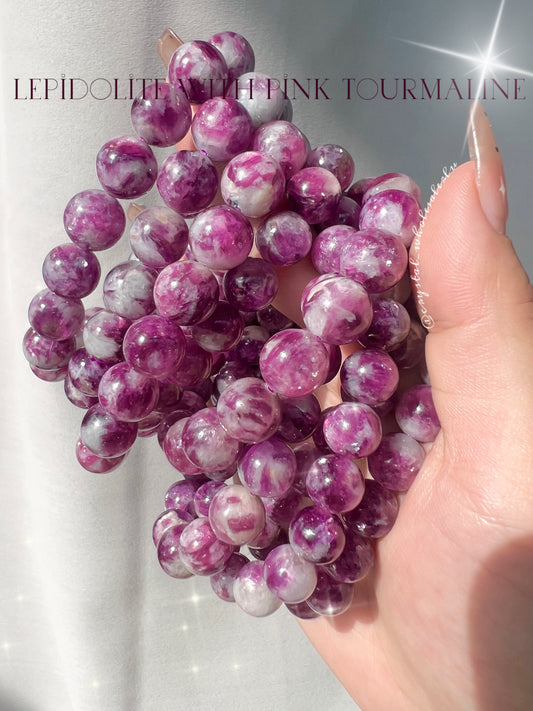 Gem lepidolite with pink Tourmaline bracelets